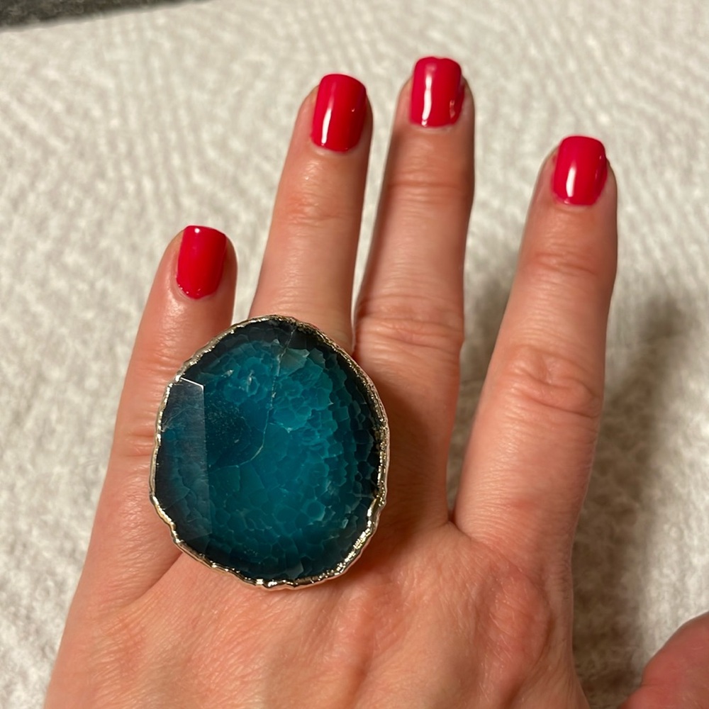 Large Adjustable Sterling Silver Gemstone Ring with Band Detail